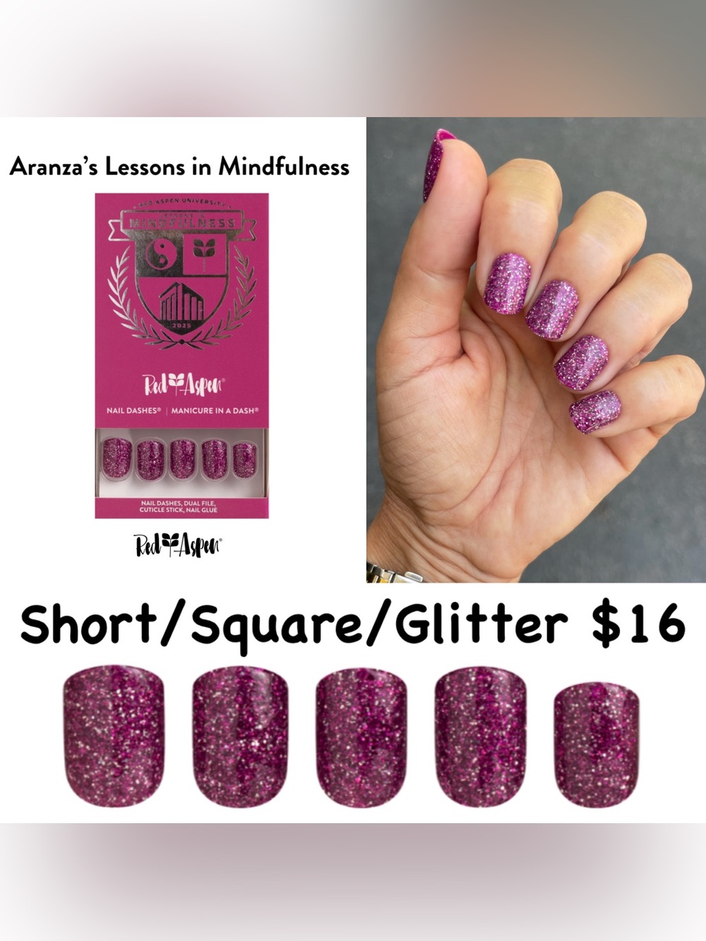 Red Aspen Glitter Short Square Press-On Nails - Sparkling Pink